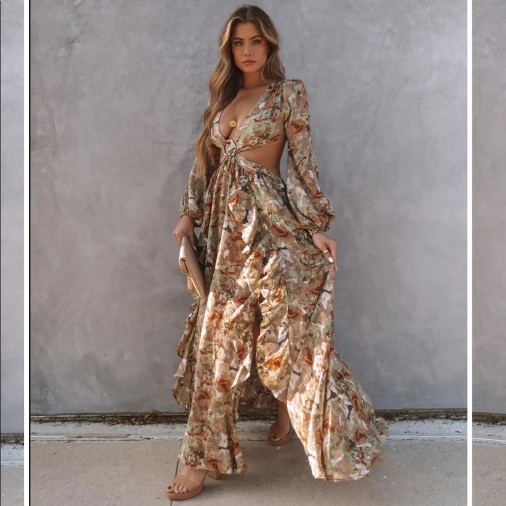 floral cut out ruffle maxi dress vici